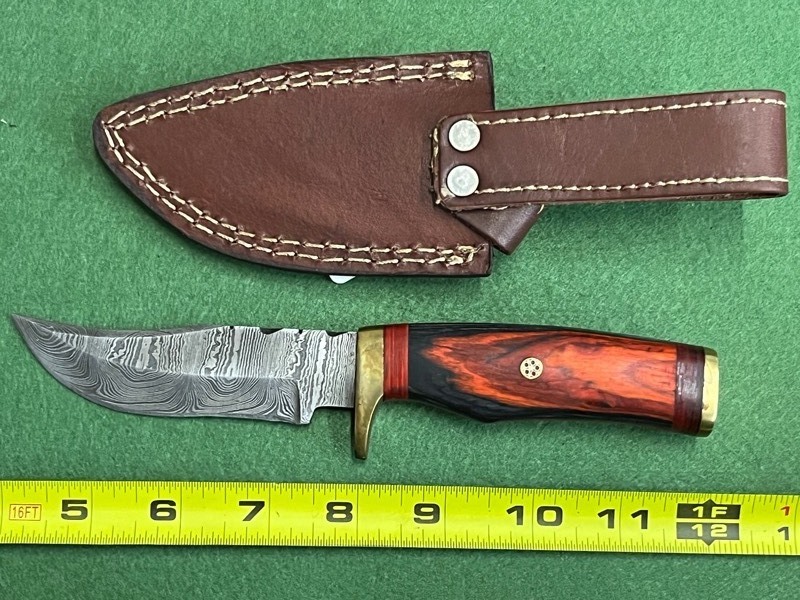 Damascus Steel Knife With Custom Handle & Leather Sheathe