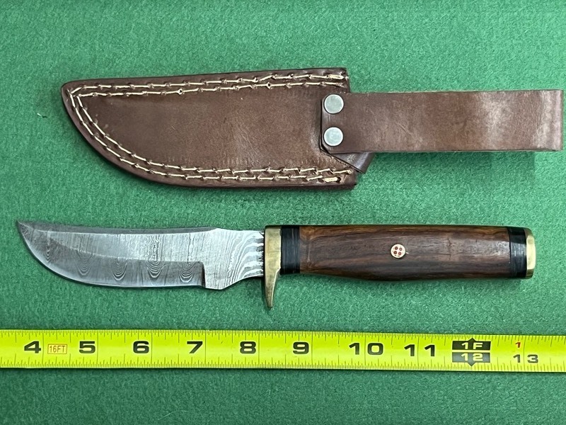 Damascus Steel Knife With Custom Handle & Leather Sheathe