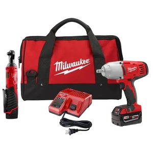 lot 5 image: Milwaukee M18M12 1218V Lithium-Ion Cordless 38 in. Ratchet and 12 in. Impact Wrench with Friction Ring Combo Kit