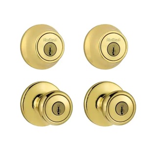 lot 115 image: New - Kwikset Tylo Polished Brass Exterior Entry Door Knob and Single Cylinder Deadbolt Project Pack