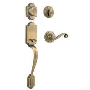 lot 126 image: Kwikset Arlington Antique Brass Single Cylinder Door Handleset with Lido Door Handle Featuring SmartKey Security