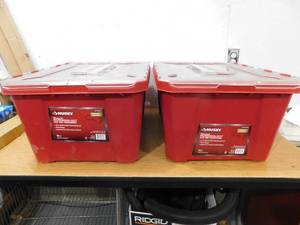 lot 130 image: 2 - Husky 18-Gal. Professional Duty Storage Container with Flip Top Lid in Red