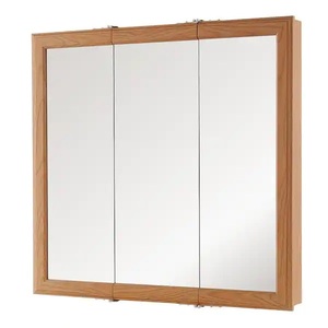 lot 158 image: Home Decorators Collection 30-14 in. W x 29 in. H Fog Free Framed Surface-Mount Tri-View Bathroom Medicine Cabinet in Oak with Mirror