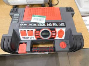 lot 159 image: Vector 1200 Peak Amp Jump Starter, Dual Power Inverter, 120 PSI Air Compressor, USB Charging Port, Rechargeable