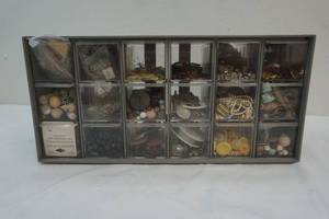 plastic organizer, beads, buttons