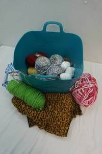 teal basket, yarn