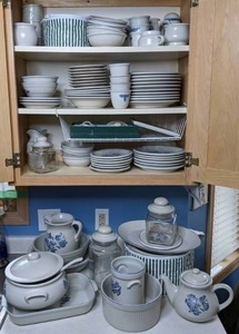 Large Assortment of White  Blue Pfaltzgraff Yorktown Dinnerware Plates, Bowls, Pots and More