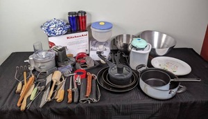 Large Collection of Kitchenware Kitchen Aid, Tupperware, Timer, Knives, Tumblers, Stainless Steel Pan, Etc.