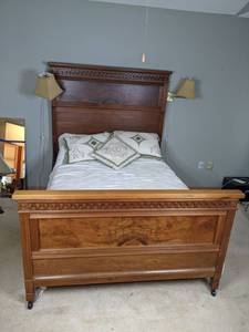 Antique Walnut Bed Frame with Mounted Wall Lamps