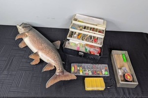 An Assortment of Fishing Lures, Tackle Box, and 33 Fish
