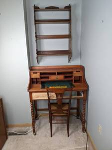 Vintage Wood Secretary Desk with Chair and Wall Shelf
