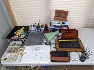 Assortment of Miscellaneous Office Supplies 3 Metal Trays, Desk Organizers, Writing Utensils, Scissors, Tape and More