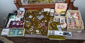 Assortment of Costume Jewelry Necklaces, Pins, Brooches, Pendants, Cuff Links, Watches and More