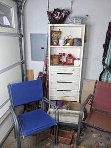 White Cabinet, (2) Blue Chairs, Red Chair, Gardening Items, Plant Pots, Fishing Poles, Tackle Boxes and More