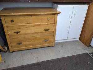 Wooden 3-Drawer Dresser and White 2-Door Cabinet
