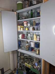 A Collection of Various Vases, Canning Jars and Lids, Cabinet, Shelving Unit and More