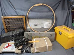 Metal Guild Plane-Router Kit Box with Wheels Inside, Yellow Metal Box, PSB Radio, Stone Tile, Sony 2-Way Speaker System and More