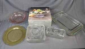 A Collection of Glass Dishes, Casserole Dishes and Crystal Footed Cake Stand