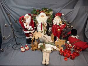 Set of (3) Santa Claus Statues, Stuffed Duck, Wooden and Metal Candlestick Holders, Metal Reindeer with Cups and More
