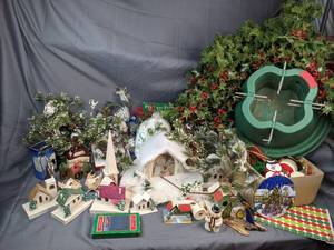 A Variety of Christmas Items Including an Ornament Holder, Little Decorative Houses, Snack Plates, Ornaments and More