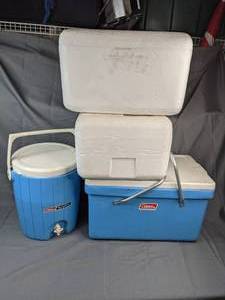 Coleman Chest Cooler, Coleman Roundabout Cooler and (2) Styrofoam Omaha Steaks Coolers