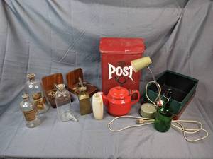 Lamp, Bookends, Decanters, Tea Kettle, Metal Post Box and More