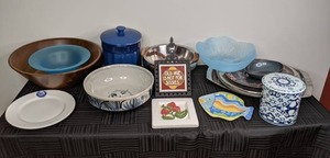 Assortment of 19 Serving Plates, Glass and Wooden Bowls, Decorative Dishes, Crocks and Metal Serving Bowl & Platters