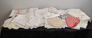 Large Collection of Hand Embroidered Tea Towels, Placemats, Table Clothes, Linen and Crochet Doilies