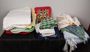 Vintage Linens, Including Quilted Pillow Case, Quilt, Fabric, Placemats, Blankets, Crocheted Items and a Prat Prichard Hankie