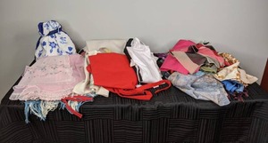 Large Collection of Aprons, Scarves & Placemats, Embroidered Lace and More