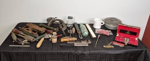 A Collection of Various Tools, Black Box with Keys and Locks, Silver Box, Mug and More