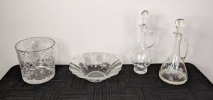 A Beautiful Set of (2) Glass Cruets, Glass Serving Dish and Decorative Bowl