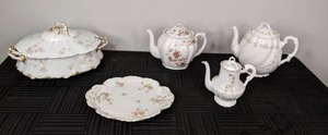 Set of 2 Antique Haviland & Co Limoges Porcelain Serving Pieces & 3 Vintage Teapots (La Bretagne, Brunswick Germany)