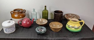 Collection of 11 Decorative Kitchen Items Stoneware Crocks, Ceramic Bowls, Glass Bottles, Teapot & Haynes Ware Pitcher