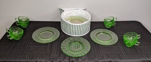 Collection of Green Glass Dinnerware 11 Dinner Plates, 11 Dessert Plates, 8 Cups and Padded Storage - Some Depression Glass