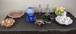 Collection of 11 Vintage Glass & Ceramic Serving Pieces Frosted Pink Depression Glass, Amethyst and Fenton Carnival Glass, Blue Ridge Southern Potteries, Hazel Atlas, Cambridge Glass Farber Bros Amethyst Dish and RCCL Hand Painted Ceramics