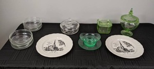 Lot of 8 Vintage Serving Pieces, Collector Plates and Green Depression Glass Dishes