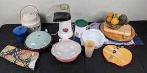 Kitchen Lot Tupperware, Pyrex, Presto Hot Air Popper, Cheese Boards, Stoneware Cookie Jar, and More