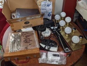 Mixed Lot Black & Decker Stowaway Iron, Wireless Doorbell, (2) 4-Bulb Vanity Lights, Panasonic Cordless Phone & Answering Machine, Wm. A. Rogers Nickel Silverware, and More