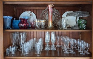 Beautiful Barware Collection, Variety of Vintage Vases, Deviled Egg Platter, Cake Stand, Carnival Glass Vase, and More