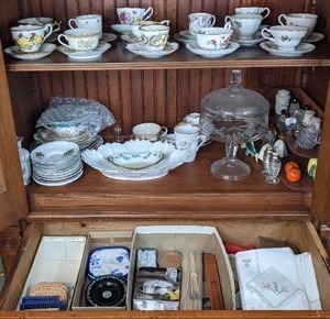 Collection of Teacups and Saucers by Clarence, Jon Roth, Royal Stafford, Noritake, Langenthal, & Others Vintage Glass Compote, Salt & Pepper Shakers, and More