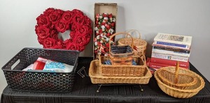 Mixed Lot Danish Books & Decor, Silk Rose Heart Wreath, Wicker Baskets, and More