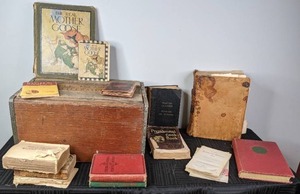 Collection of Vintage and Antique Books and a Vintage Wooden Crate