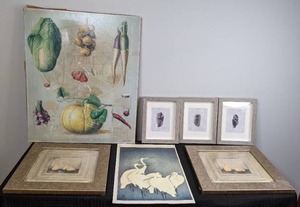 7-Piece Collection of Artwork  Vegetable Print Canvas, (3) Shadowbox-Framed Stones, Pair of Pears Framed, Crane Print