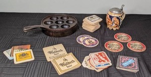Vintage Set of 2 Griswold Danish Aebleskiver Pans, Vintage Musical Beer Stein, Collection of Paper Coasters (Hamms, Coors Light, Samuel Adams, and More)