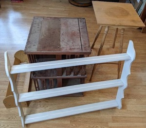 Wooden Plate Shelf, Shoe Rack, Tall Side Table and Spinning End Table