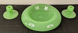 Pair of Candle Holders and Shallow Bowl, Opaque Green