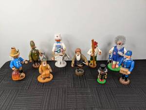 Collection of 9 Wooden Incense Burner Figurines From Germany Erzebirge, Werkstatten, Holzkunst and Steinback Volkskunst