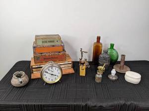Assortment of Vintage Decorative KnickKnacks Alarm Block, Incense Burners, Glass Vases, Pozzoni Complexion Powder Tin, Cigar Boxes and More