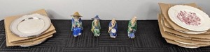 Vintage Taylor Smith & Taylor Transferware Dishes, Metallic Charger Plates and (4) Vintage Asian Old Man Figurines